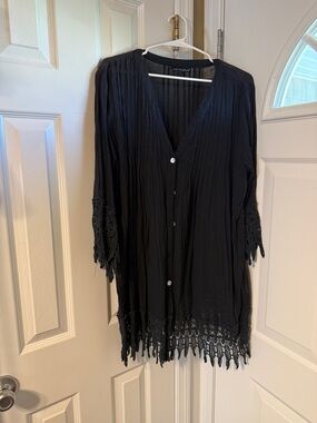 Black Button-Front Crochet Trim Kimono Pool Coverup
